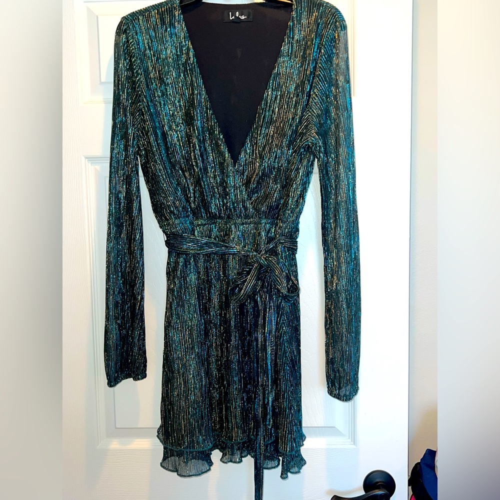 Lulu's Teal and Gold Long Sleeve Dress